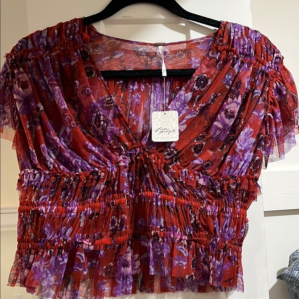 Floral Ruffled V-Neck Top - Red and Purple